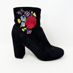 Carlos Womens Black Faux Suede Floral Embroidered Side Zip Heel Booties Size 6.5